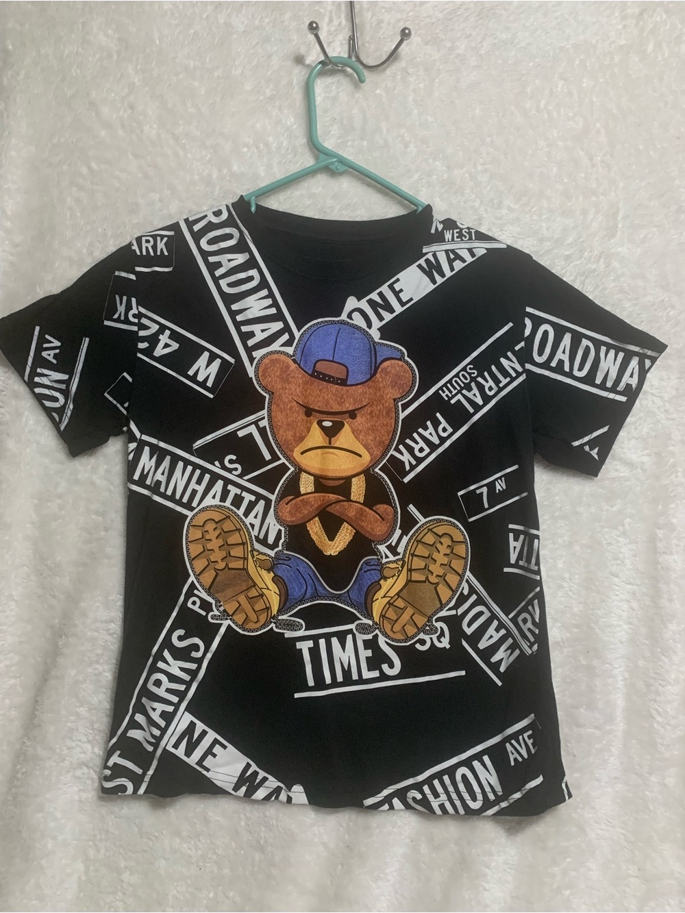 Kids Black Bear Graphic Tee with Street Sign Motif
